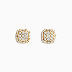 The Pave Classica 14K Yellow Gold Square Diamond Stud Earrings feature a 0.97 TCW cluster of round white stones in a floral design, framed by additional diamonds for a radiant look.