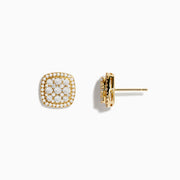 The Pave Classica 14K Yellow Gold Square Diamond Stud Earrings feature a 0.97 TCW cluster of round white stones in a floral design, framed by additional diamonds for a radiant look.