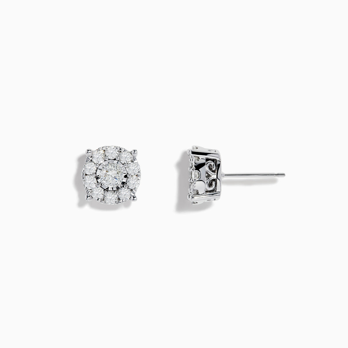 The Bouquet 14K White Gold Diamond Cluster Stud Earrings (0.96 TCW) feature round diamonds set in a floral design on white gold, displayed against a white background.