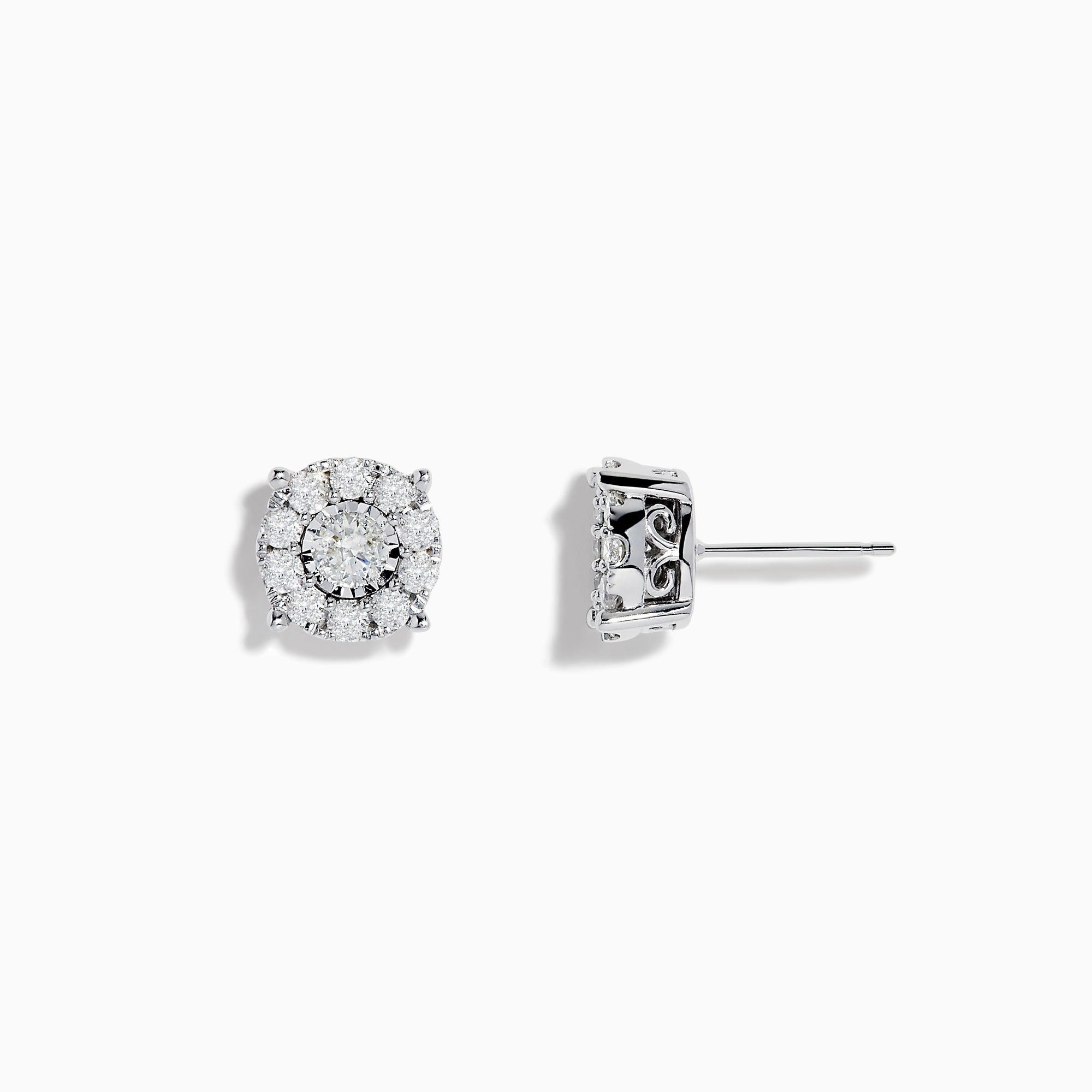 The Bouquet 14K White Gold Diamond Cluster Stud Earrings (0.96 TCW) feature round diamonds set in a floral design on white gold, displayed against a white background.