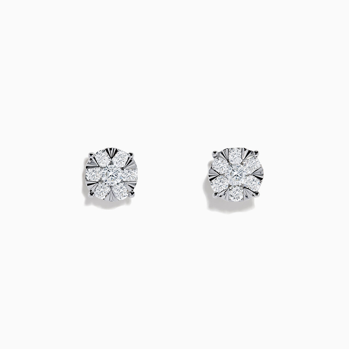 The 14K White Gold Diamond Cluster Stud Earrings, 1.01 TCW, shimmer with radiant facets in a classic prong setting, shown against a plain white background.