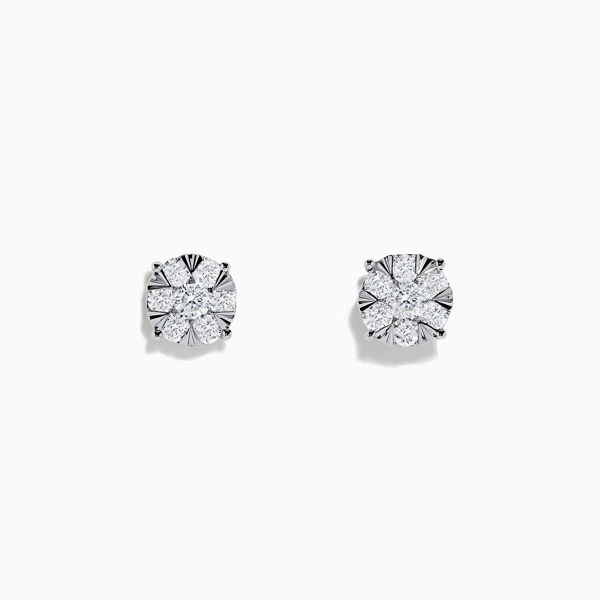 The 14K White Gold Diamond Cluster Stud Earrings, 1.01 TCW, shimmer with radiant facets in a classic prong setting, shown against a plain white background.