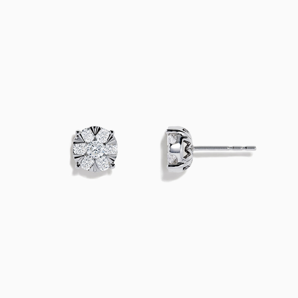 The 14K White Gold Diamond Cluster Stud Earrings, 1.01 TCW, shimmer with radiant facets in a classic prong setting, shown against a plain white background.