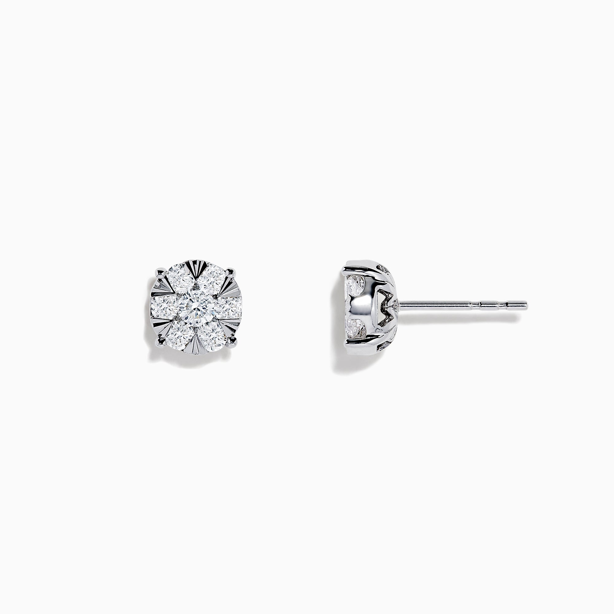 The 14K White Gold Diamond Cluster Stud Earrings, 1.01 TCW, shimmer with radiant facets in a classic prong setting, shown against a plain white background.