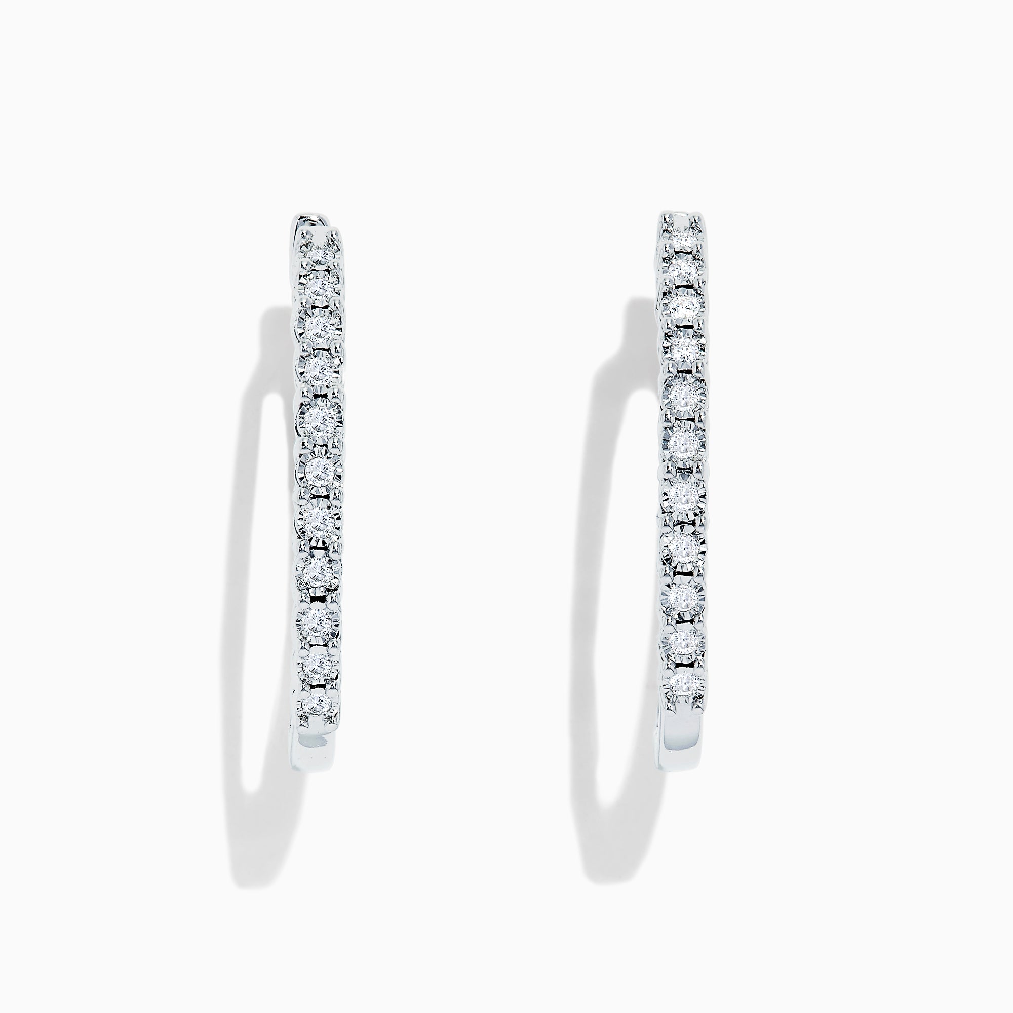 The 925 Sterling Silver Diamond Hoop Earrings, featuring small round diamonds totaling 0.24 TCW, are displayed upright on a white background to showcase the sparkling stones along the front edge.