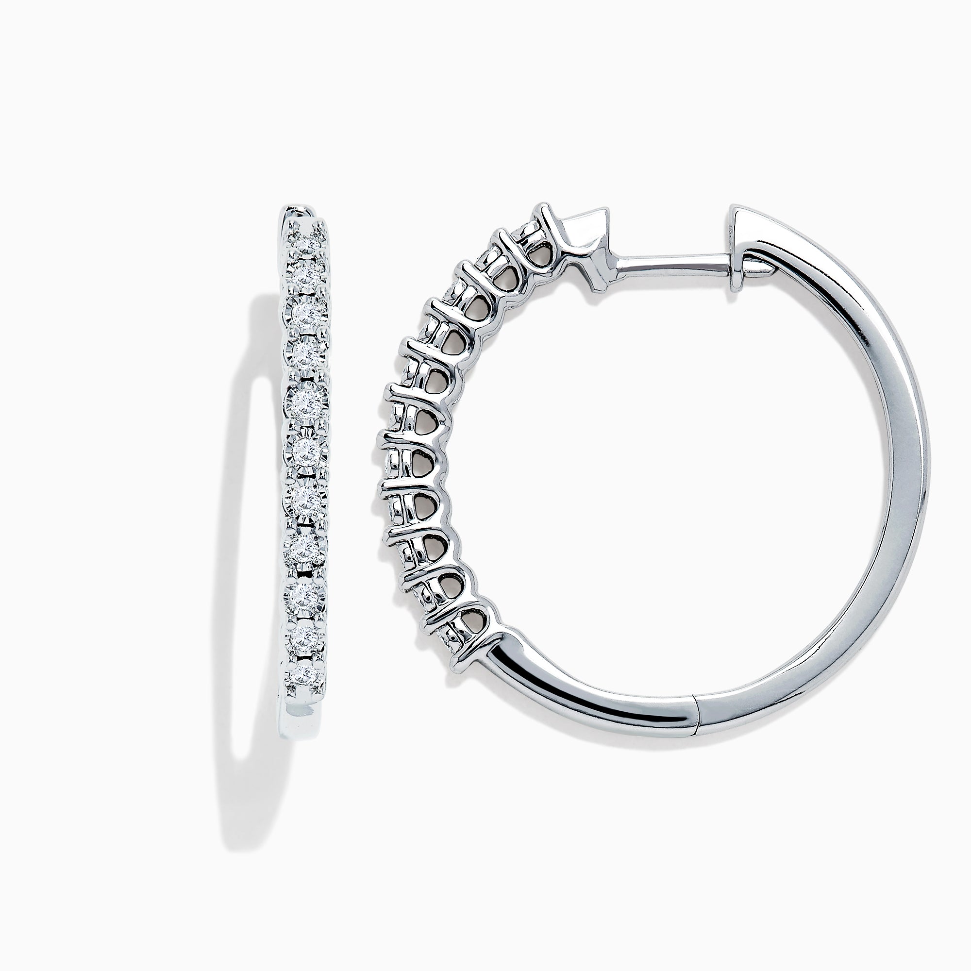 The 925 Sterling Silver Diamond Hoop Earrings, featuring small round diamonds totaling 0.24 TCW, are displayed upright on a white background to showcase the sparkling stones along the front edge.