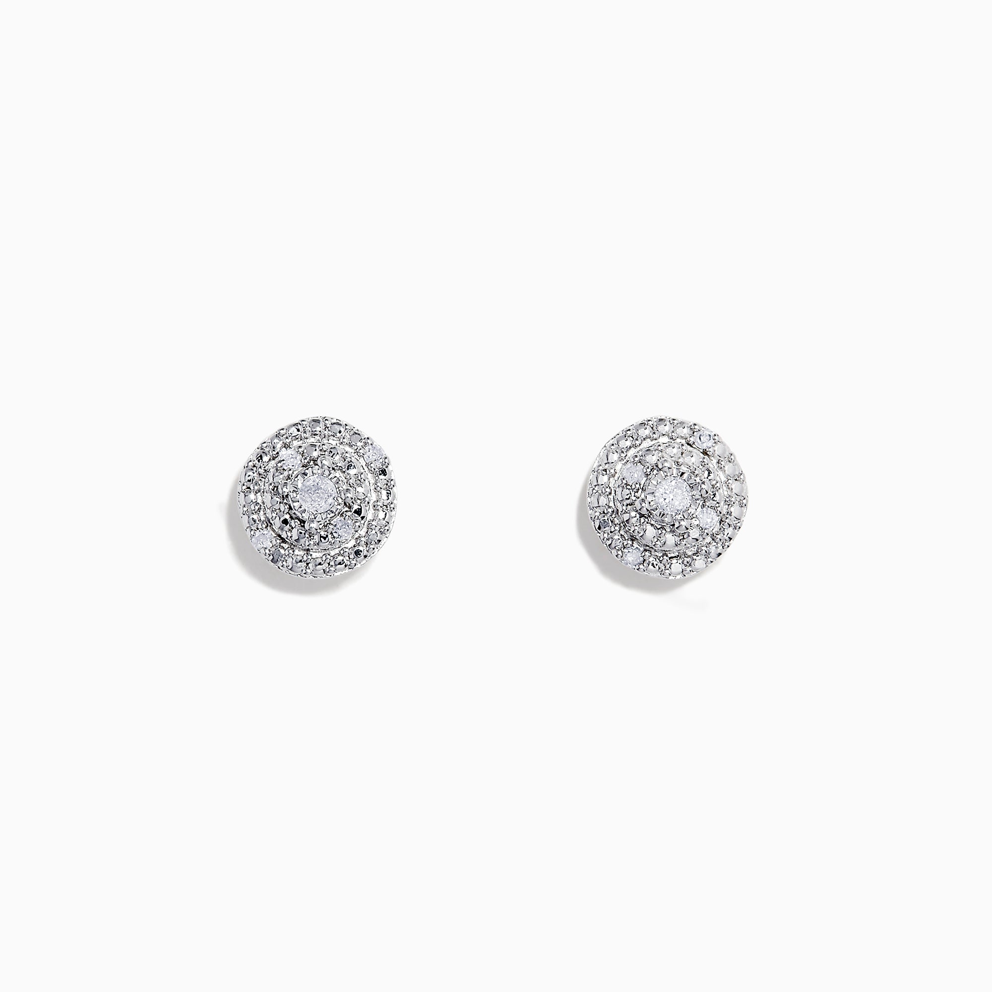 A pair of 925 Sterling Silver Diamond Pave Stud Earrings (0.10 TCW) featuring multiple small diamonds in concentric circles, shown against a plain white background.