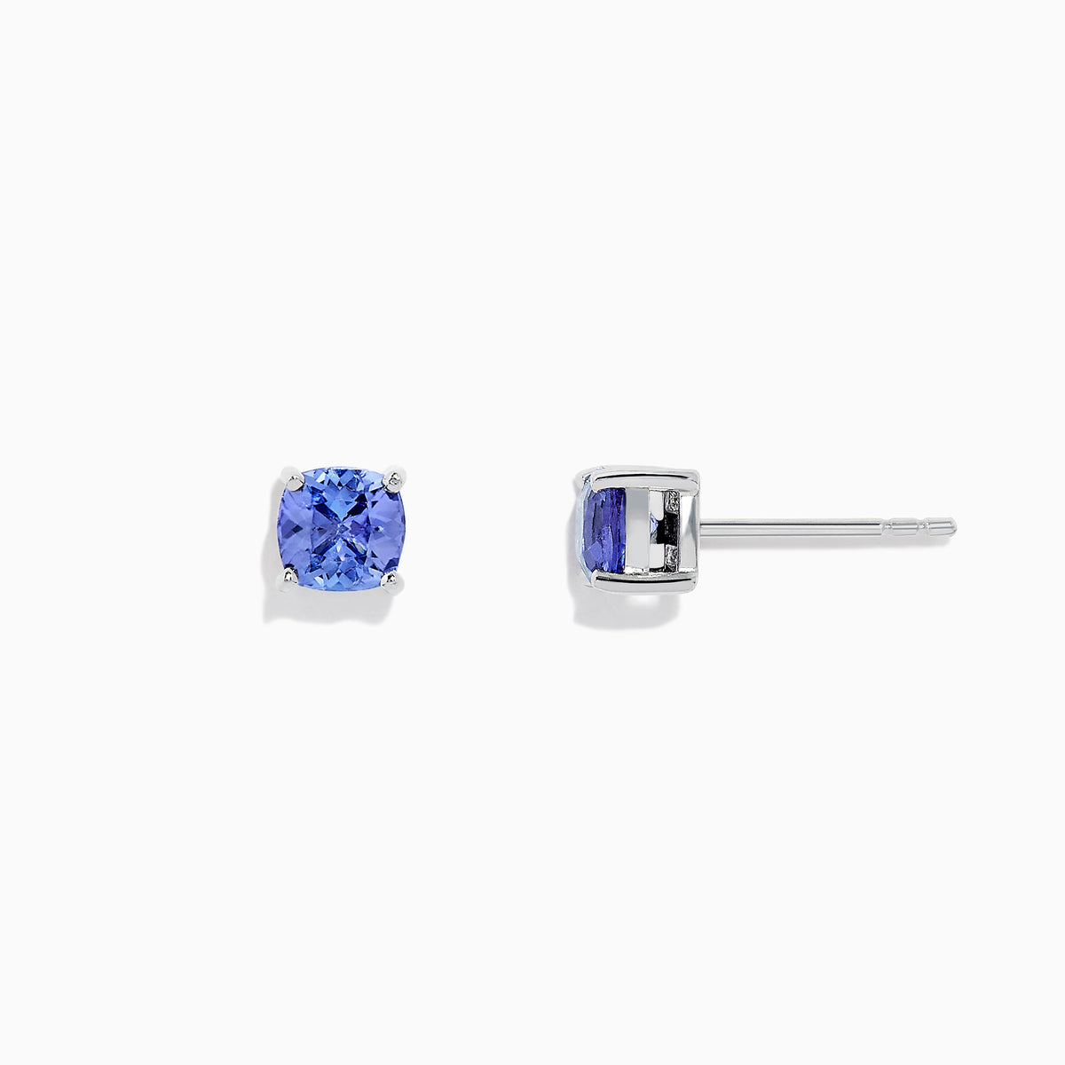 The Nahla Siri Sterling Silver Tanzanite Stud Earrings, 0.95 TCW, feature square-cut vibrant blue tanzanite gemstones set in simple prongs and are displayed against a plain white background.