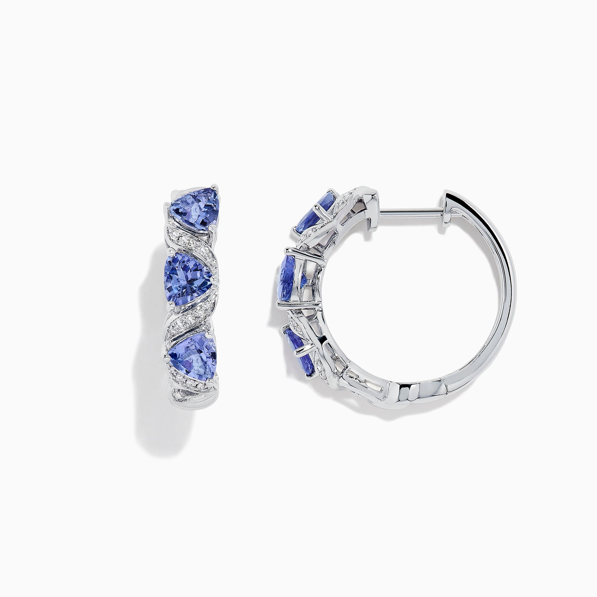 The Nahla Siri 14K Gold Tanzanite & Diamond Hoop Earrings, 2.43 TCW, feature a twisted design with pear-shaped blue stones and diamonds, elegantly photographed on a white background.