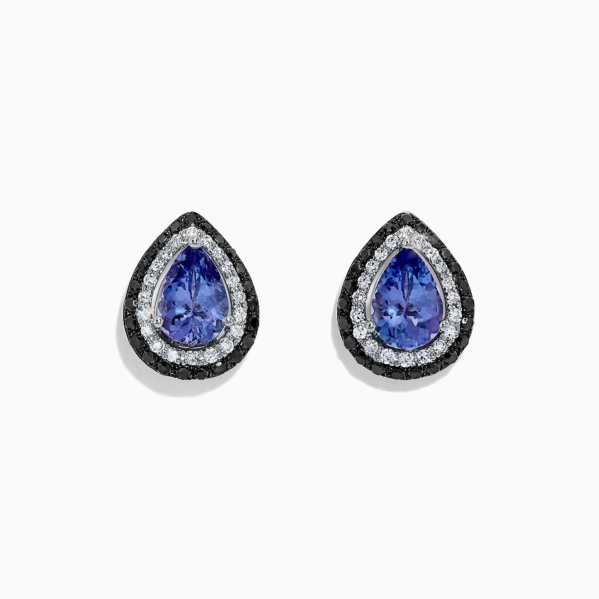 The Nahla Siri 14K Gold Tanzanite and Diamond Earrings, 1.54 TCW, feature teardrop-shaped studs with vivid blue tanzanite centers and a halo of sparkling white and black diamonds, set in luxurious gold against a white background.