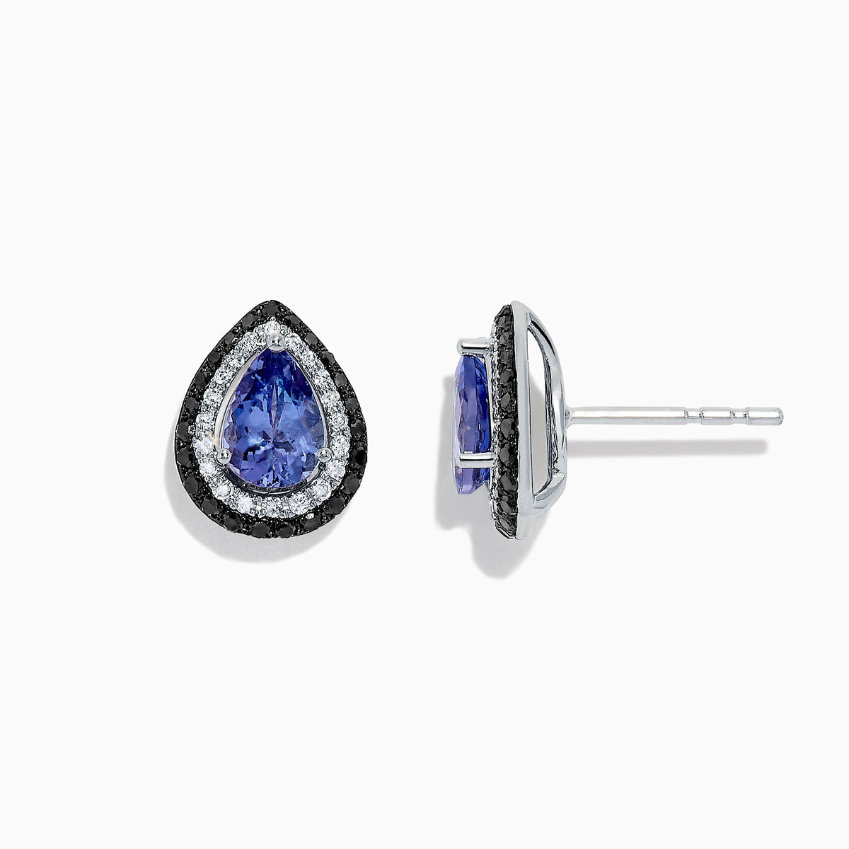 The Nahla Siri 14K Gold Tanzanite and Diamond Earrings, 1.54 TCW, feature teardrop-shaped studs with vivid blue tanzanite centers and a halo of sparkling white and black diamonds, set in luxurious gold against a white background.