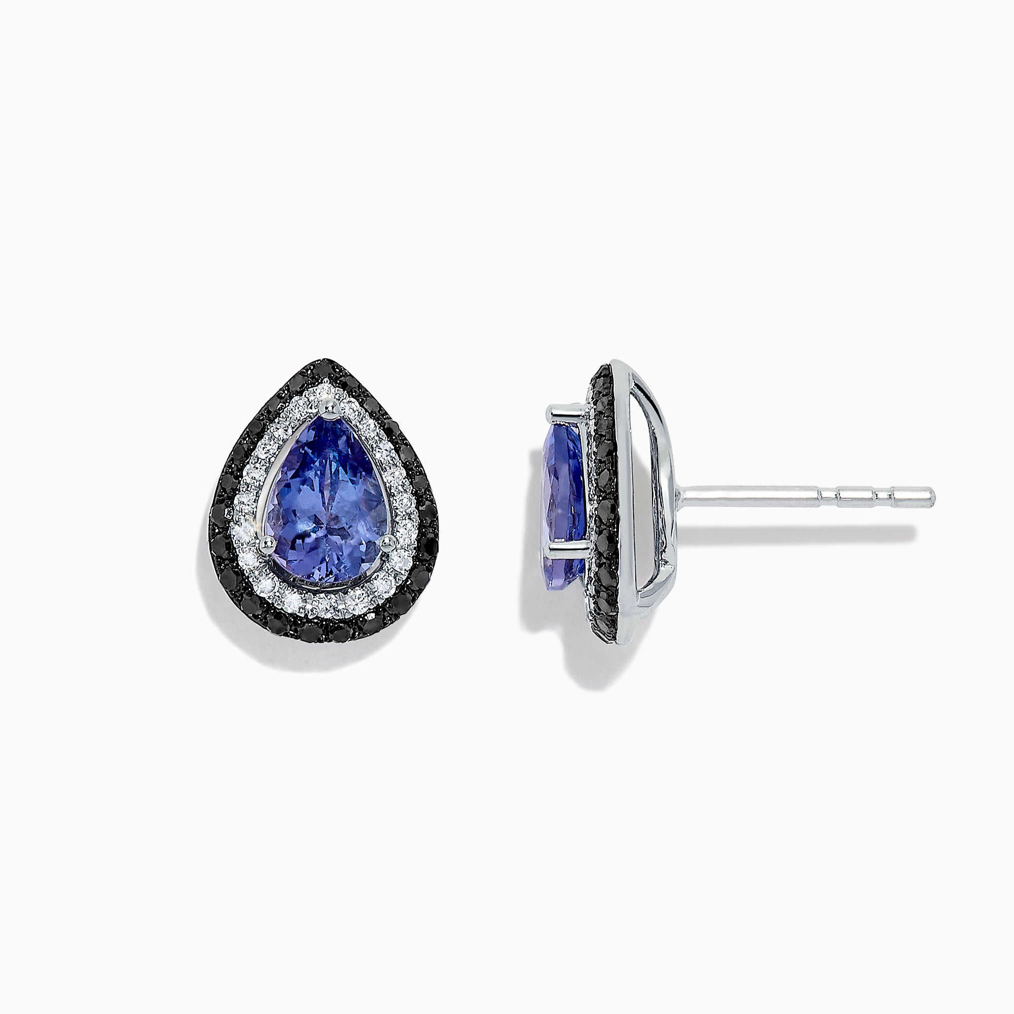The Nahla Siri 14K Gold Tanzanite and Diamond Earrings, 1.54 TCW, feature teardrop-shaped studs with vivid blue tanzanite centers and a halo of sparkling white and black diamonds, set in luxurious gold against a white background.