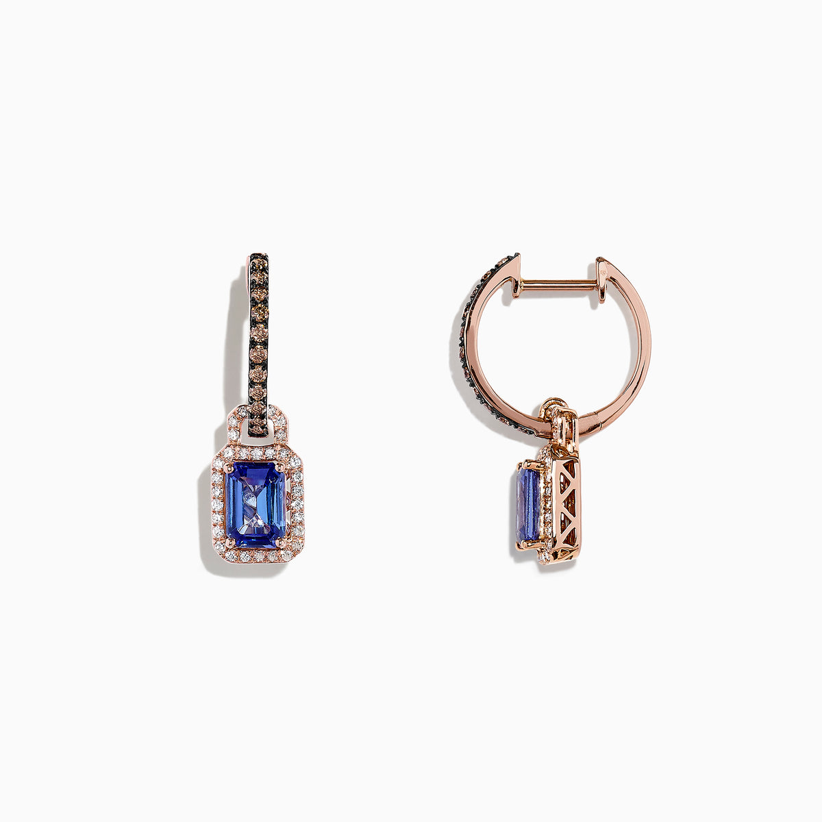 The Nahla Siri 14K Rose Gold Tanzanite and Diamond Earrings (2.22 TCW) feature rectangular tanzanite gems with diamond halos and additional diamonds along the hooks, displayed on a plain white background.