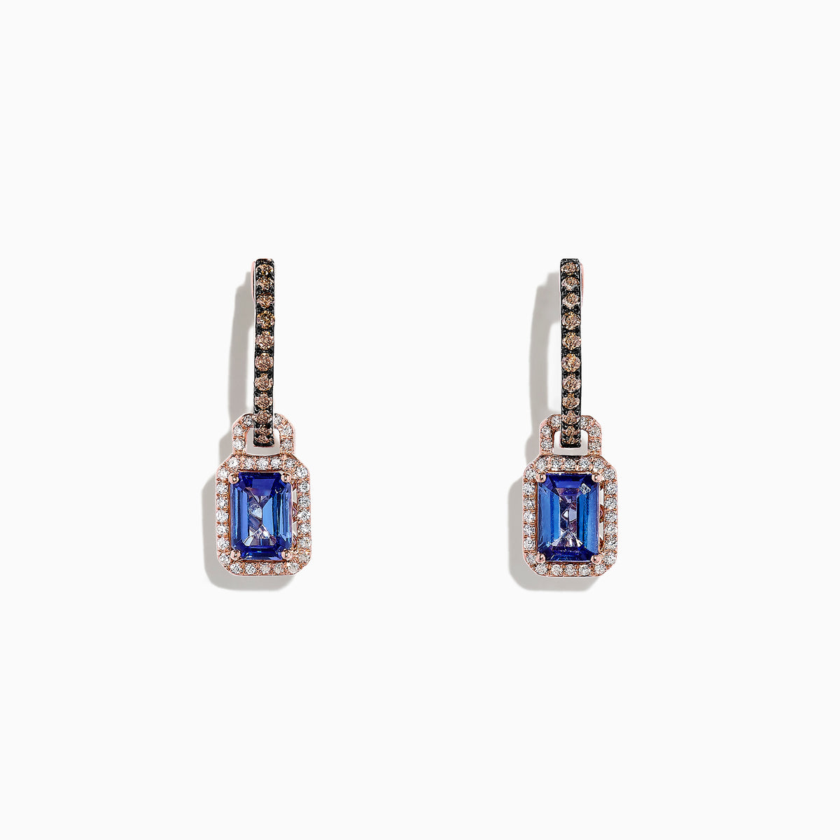 The Nahla Siri 14K Rose Gold Tanzanite and Diamond Earrings (2.22 TCW) feature rectangular tanzanite gems with diamond halos and additional diamonds along the hooks, displayed on a plain white background.