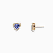 A pair of Nahla Siri 14K Yellow Gold Tanzanite and Diamond Stud Earrings, 1.19 TCW, featuring triangular blue stones surrounded by diamonds, is displayed on a white background.