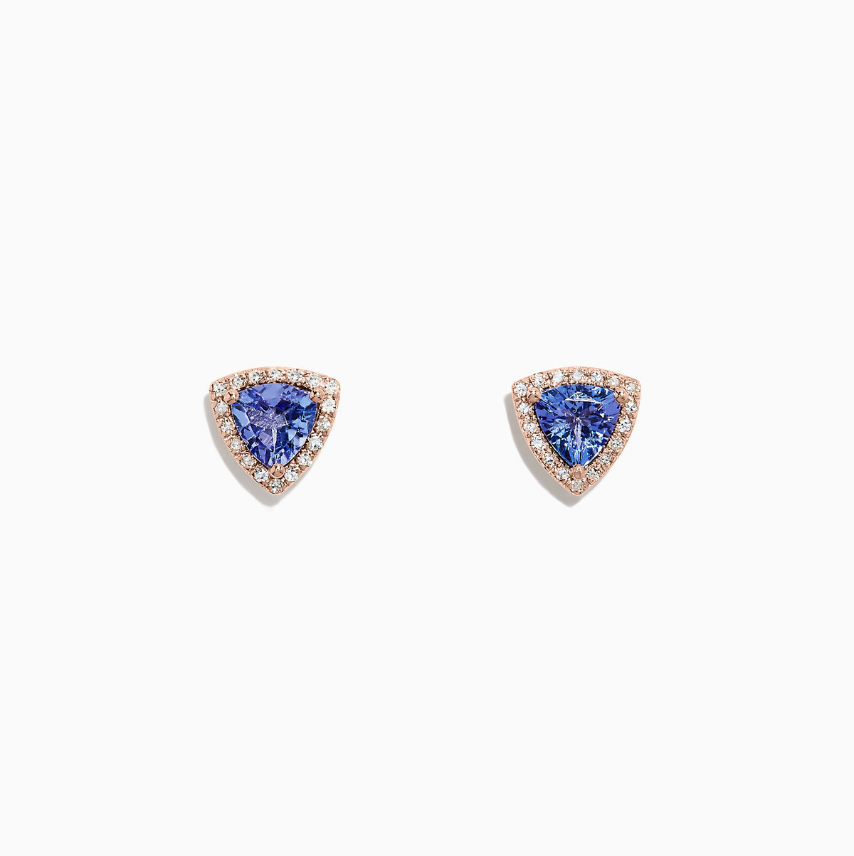 The Nahla Siri 14K Rose Gold Tanzanite & Diamond Earrings (1.19 TCW) feature triangular blue tanzanites bordered by sparkling diamonds, set in rose gold and shown against a white background.