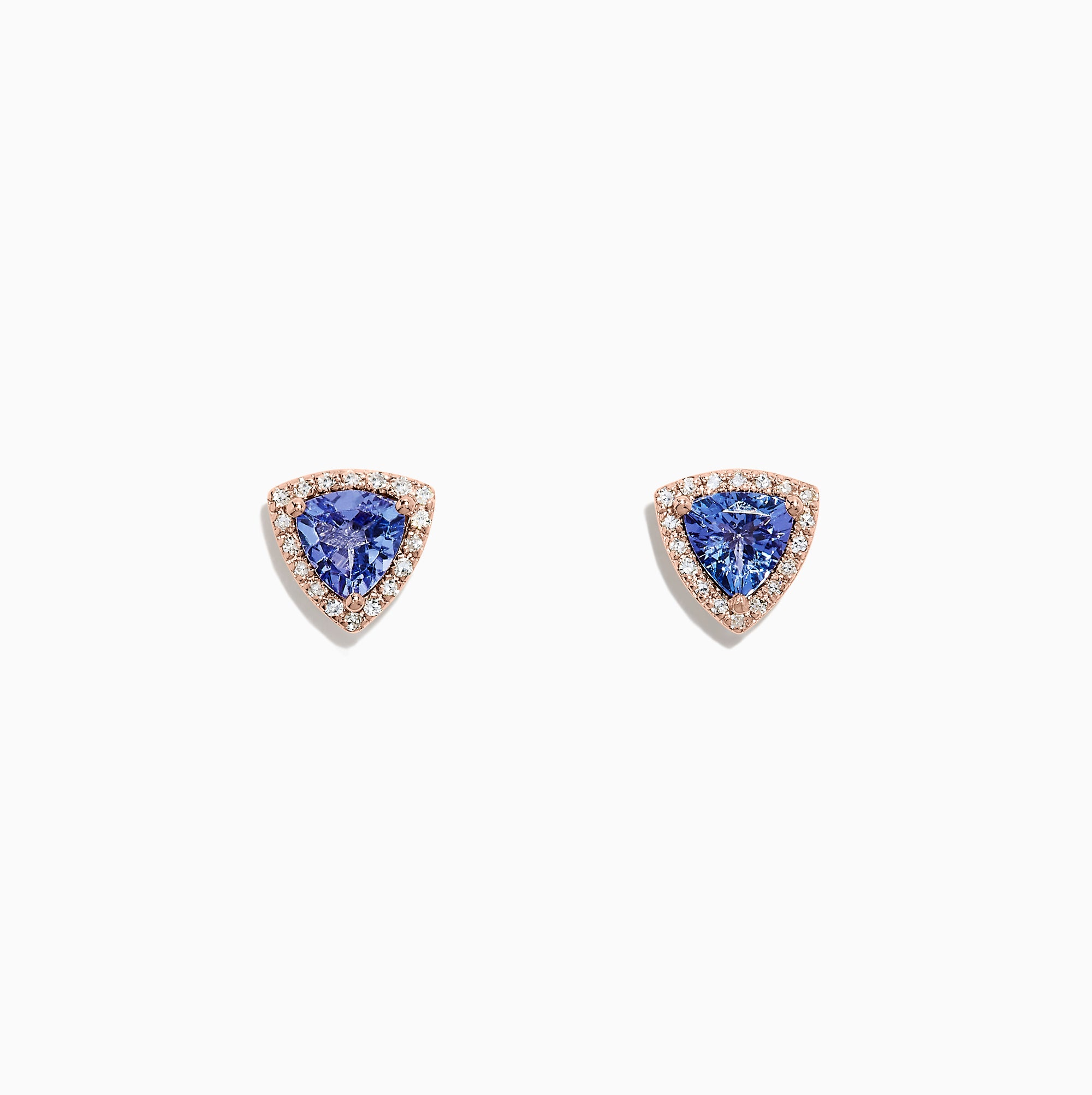 The Nahla Siri 14K Rose Gold Tanzanite & Diamond Earrings (1.19 TCW) feature triangular blue tanzanites bordered by sparkling diamonds, set in rose gold and shown against a white background.