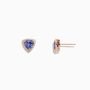 The Nahla Siri 14K Rose Gold Tanzanite & Diamond Earrings (1.19 TCW) feature triangular blue tanzanites bordered by sparkling diamonds, set in rose gold and shown against a white background.