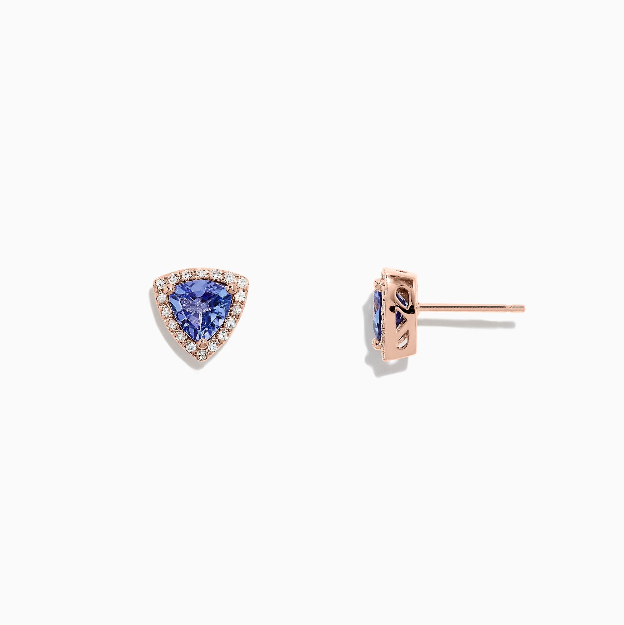 The Nahla Siri 14K Rose Gold Tanzanite & Diamond Earrings (1.19 TCW) feature triangular blue tanzanites bordered by sparkling diamonds, set in rose gold and shown against a white background.