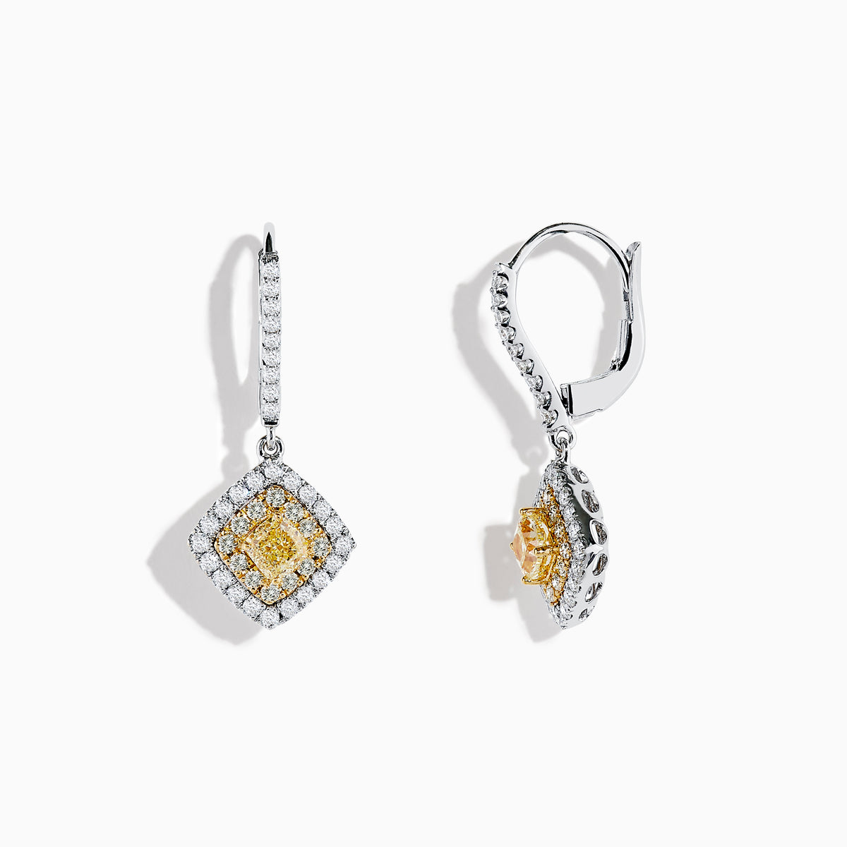 The Canare 18K Two-Tone Gold Cushion Shaped Double Halo Yellow Diamond Drop Earrings feature a square yellow diamond center, two halos of white diamonds, and a diamond-encrusted hoop for an elegant look.