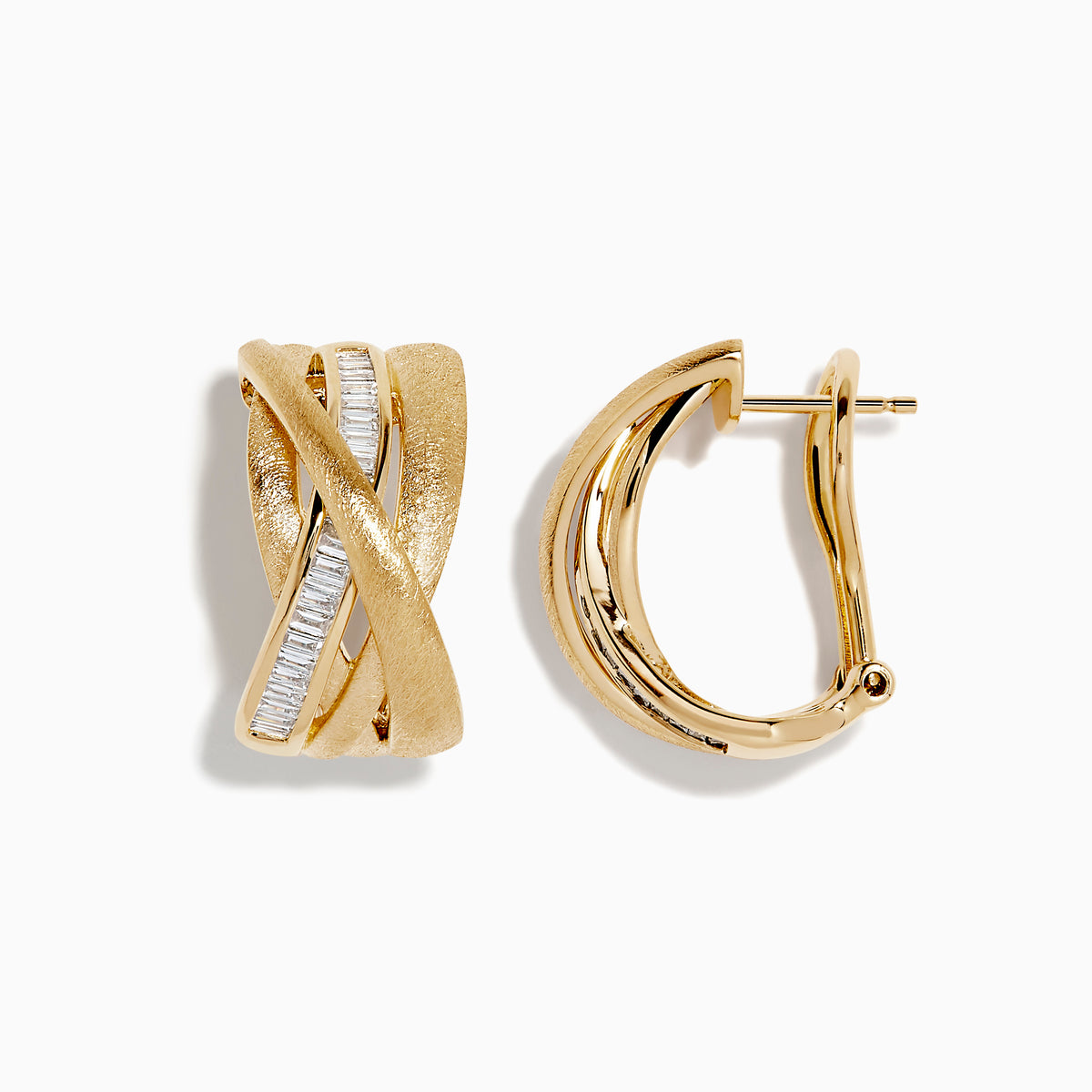 The D’Oro 14K Brushed Yellow Gold 3/4 Diamond French Clip Earrings showcase an overlapping crisscross design with a central row of vertically set diamonds, all in polished yellow gold, photographed on a white background.