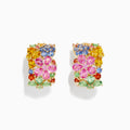 Stunning 14K Yellow Gold Multi Sapphire Flower Earrings, 7.31 TCW, featuring pink, yellow, blue, green, and orange sapphires in floral designs with diamond accents—arranged to resemble clusters of flowers and leaves.