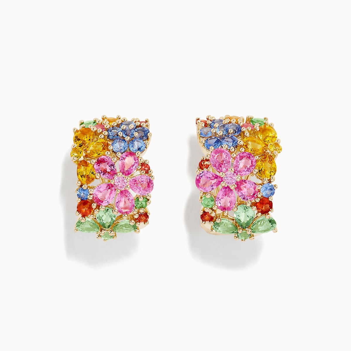 Stunning 14K Yellow Gold Multi Sapphire Flower Earrings, 7.31 TCW, featuring pink, yellow, blue, green, and orange sapphires in floral designs with diamond accents—arranged to resemble clusters of flowers and leaves.