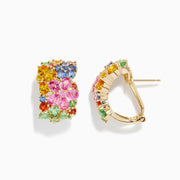 Stunning 14K Yellow Gold Multi Sapphire Flower Earrings, 7.31 TCW, featuring pink, yellow, blue, green, and orange sapphires in floral designs with diamond accents—arranged to resemble clusters of flowers and leaves.