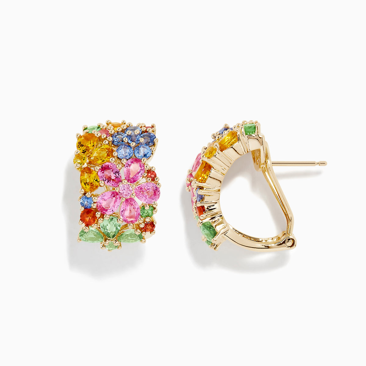 Stunning 14K Yellow Gold Multi Sapphire Flower Earrings, 7.31 TCW, featuring pink, yellow, blue, green, and orange sapphires in floral designs with diamond accents—arranged to resemble clusters of flowers and leaves.