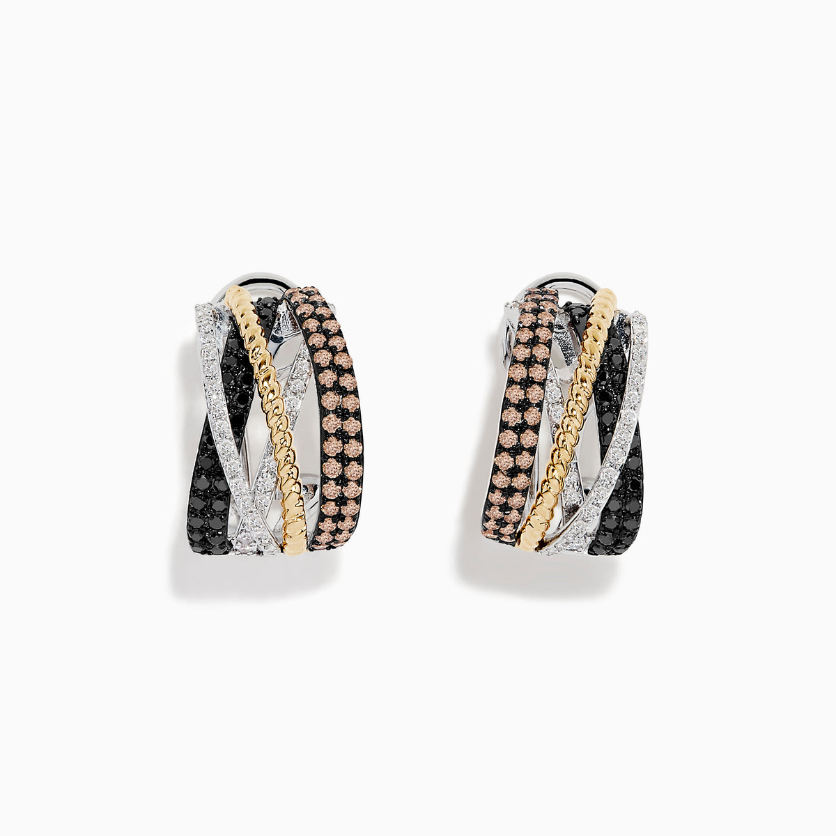 The 14K Trio-Color Gold Earrings feature intertwined yellow, white, and rose gold bands set with black, brown, and white diamonds (0.97 TCW) in multi-row hoops with a textured crisscross design for a striking look.