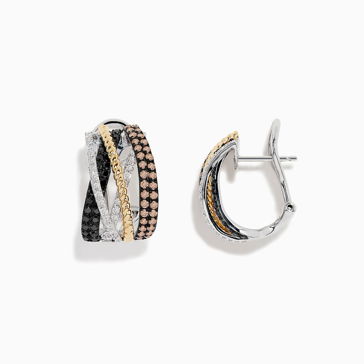 The 14K Trio-Color Gold Earrings feature intertwined yellow, white, and rose gold bands set with black, brown, and white diamonds (0.97 TCW) in multi-row hoops with a textured crisscross design for a striking look.
