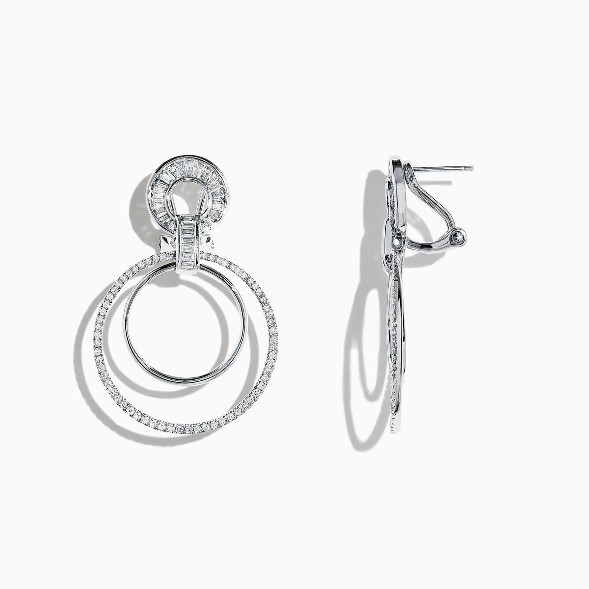 The Classique 14K White Gold Diamond Drop Earrings, 1.12 TCW, showcase two interlocking circles— the larger ones adorned with sparkling diamonds— presented against a plain white background.