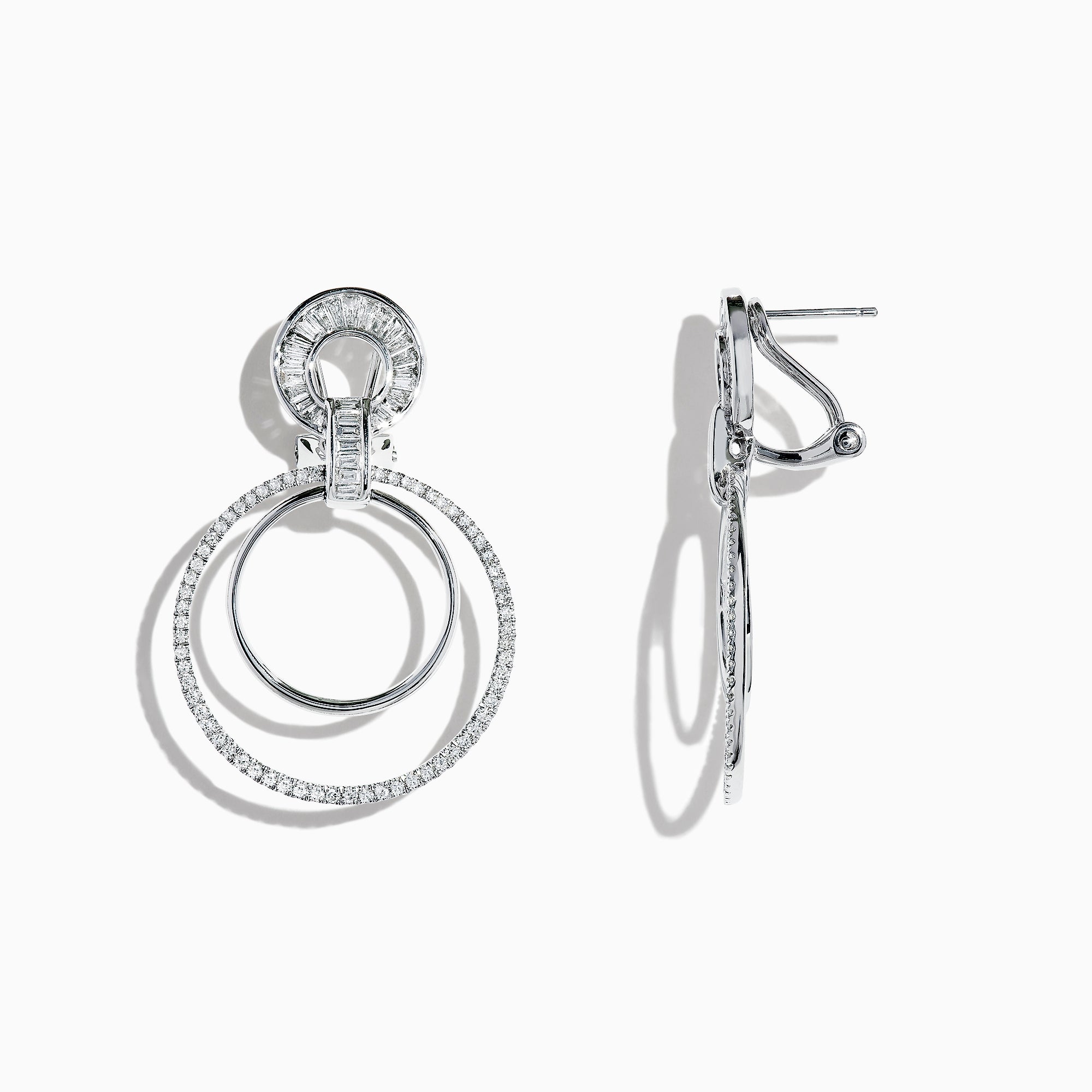 The Classique 14K White Gold Diamond Drop Earrings, 1.12 TCW, showcase two interlocking circles— the larger ones adorned with sparkling diamonds— presented against a plain white background.