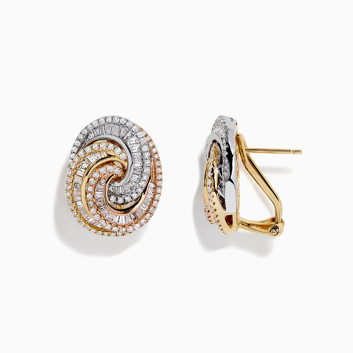 The Trio 14K Tri-Tone Gold French Clip Diamond Statement Earrings, 1.08 TCW, feature oval interlocking swirls in gold, rose gold, and silver with rows of sparkling diamonds on a white background.