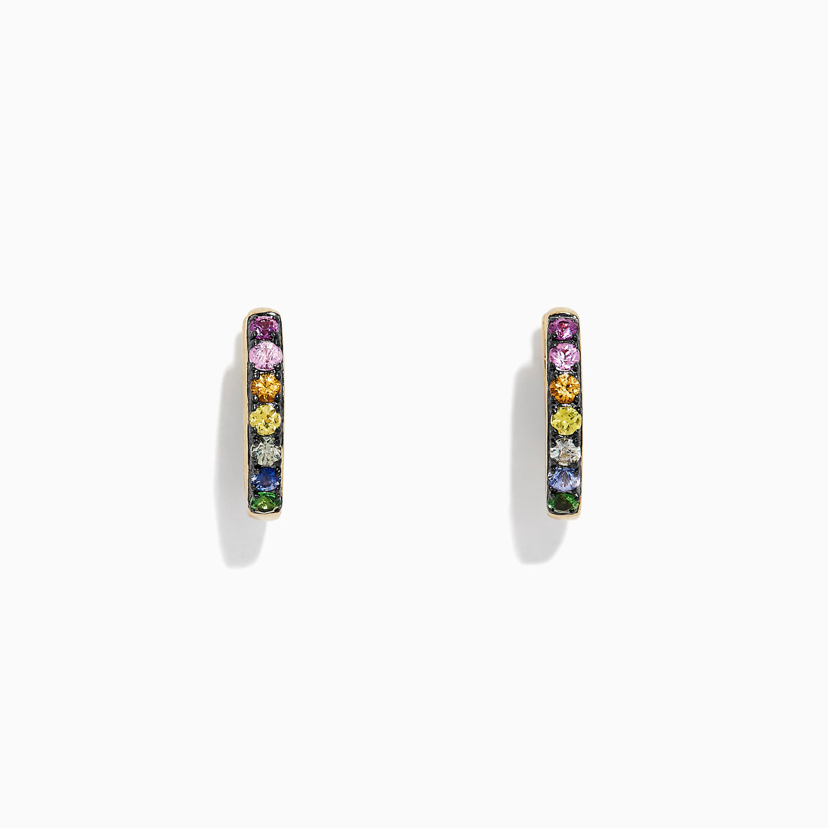 A pair of Watercolors 14K Gold Multi Sapphire Mini Hoop Earrings, 0.66 TCW, featuring small sapphires in a vertical line, displayed on a white background.
