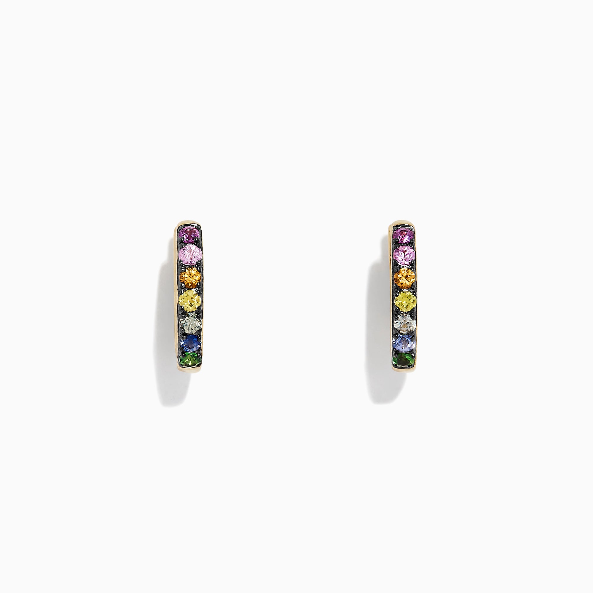 A pair of Watercolors 14K Gold Multi Sapphire Mini Hoop Earrings, 0.66 TCW, featuring small sapphires in a vertical line, displayed on a white background.