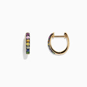 A pair of Watercolors 14K Gold Multi Sapphire Mini Hoop Earrings, 0.66 TCW, featuring small sapphires in a vertical line, displayed on a white background.
