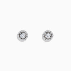 The Pave Classica 14K White Gold Diamond Halo Stud Earrings, featuring 0.48 TCW diamonds, are displayed on a plain white background.