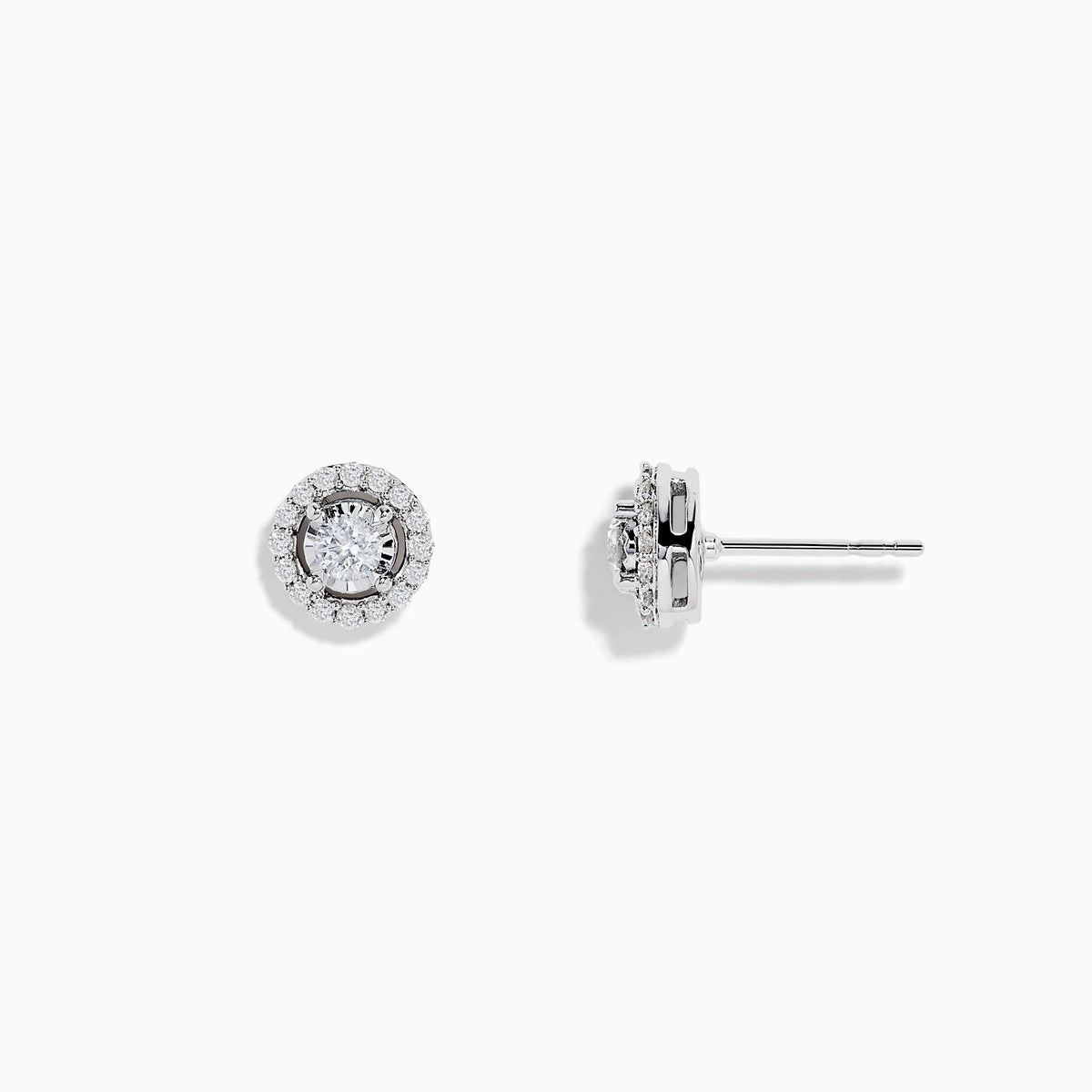 The Pave Classica 14K White Gold Diamond Halo Stud Earrings, featuring 0.48 TCW diamonds, are displayed on a plain white background.