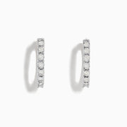 A pair of 925 Sterling Silver Diamond Hoop Earrings, each adorned with a row of sparkling white gemstones, displayed against a white background—an elegant choice for any jewelry collection.