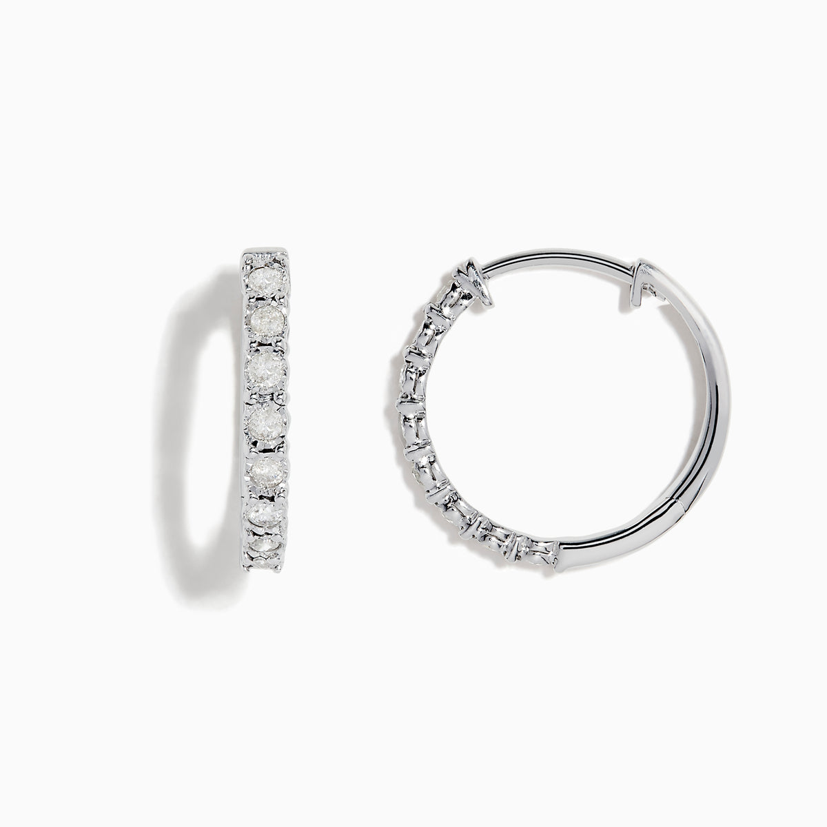 A pair of 925 Sterling Silver Diamond Hoop Earrings, each adorned with a row of sparkling white gemstones, displayed against a white background—an elegant choice for any jewelry collection.