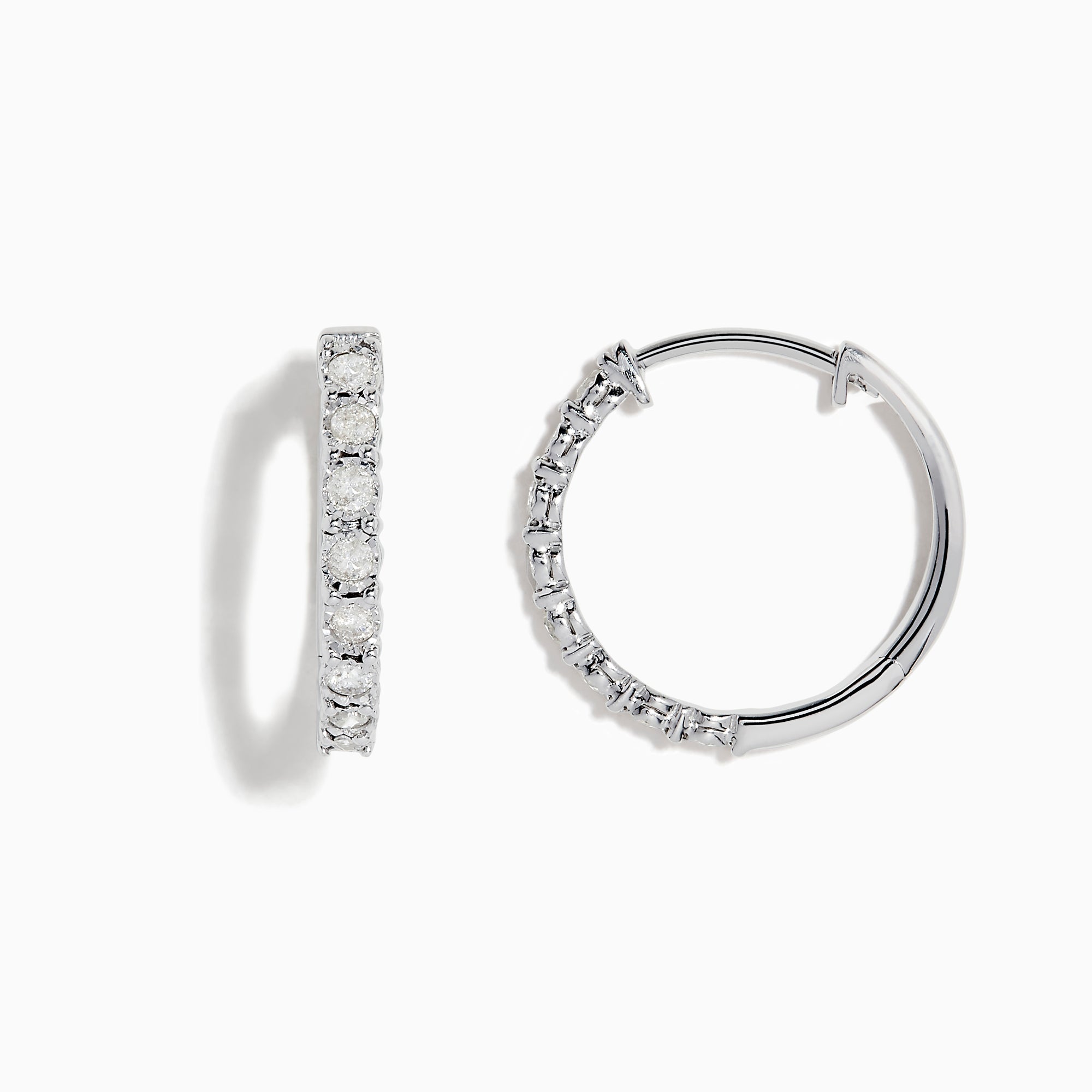 A pair of 925 Sterling Silver Diamond Hoop Earrings, each adorned with a row of sparkling white gemstones, displayed against a white background—an elegant choice for any jewelry collection.