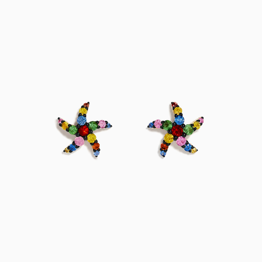 Watercolors 14K Yellow Gold Multi Sapphire Starfish Stud Earrings, featuring small colorful sapphires, shown on a white background.