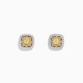 The Canare 18K Two Tone Gold Double Halo Yellow Diamond Stud Earrings (0.76 TCW) feature a cluster of yellow diamonds at the center, bordered by small white stones, set against a plain white background.