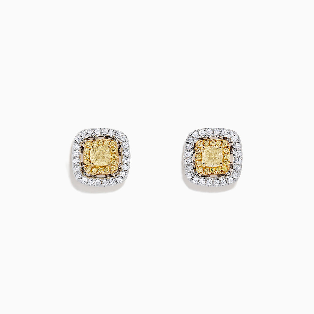 The Canare 18K Two Tone Gold Double Halo Yellow Diamond Stud Earrings (0.76 TCW) feature a cluster of yellow diamonds at the center, bordered by small white stones, set against a plain white background.