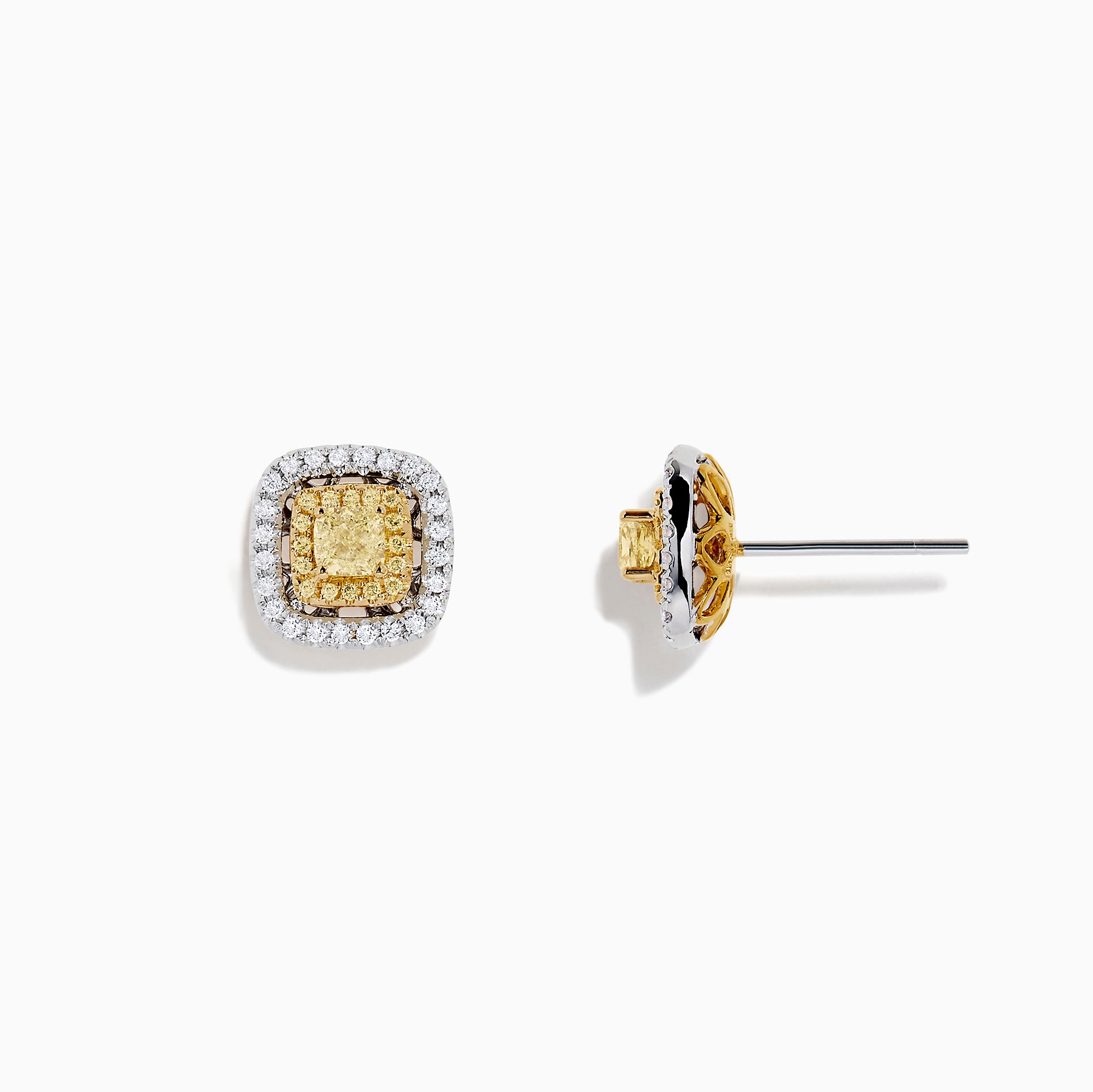 The Canare 18K Two Tone Gold Double Halo Yellow Diamond Stud Earrings (0.76 TCW) feature a cluster of yellow diamonds at the center, bordered by small white stones, set against a plain white background.