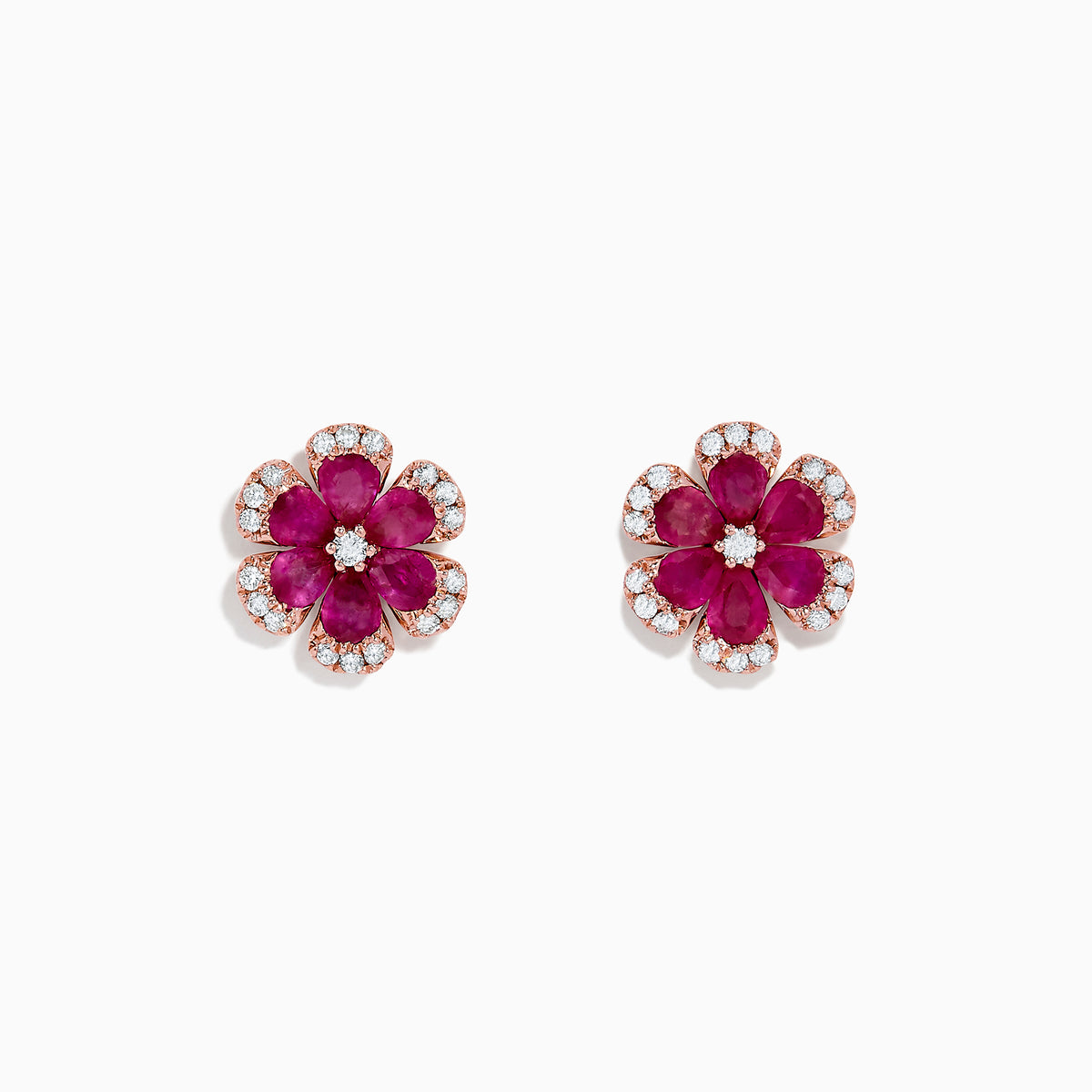 The Nature 14K Rose Gold Ruby Flower Stud Earrings (2.28 TCW) feature deep pink ruby petals, a rose gold outline, and sparkling diamond accents along the edges, shown against a white background.