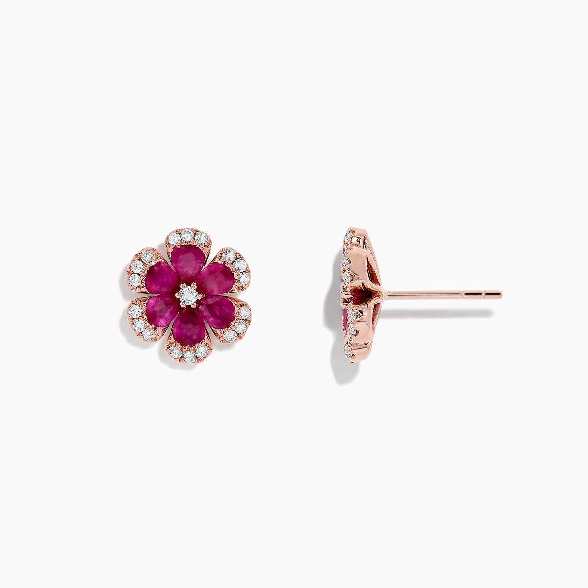 The Nature 14K Rose Gold Ruby Flower Stud Earrings (2.28 TCW) feature deep pink ruby petals, a rose gold outline, and sparkling diamond accents along the edges, shown against a white background.
