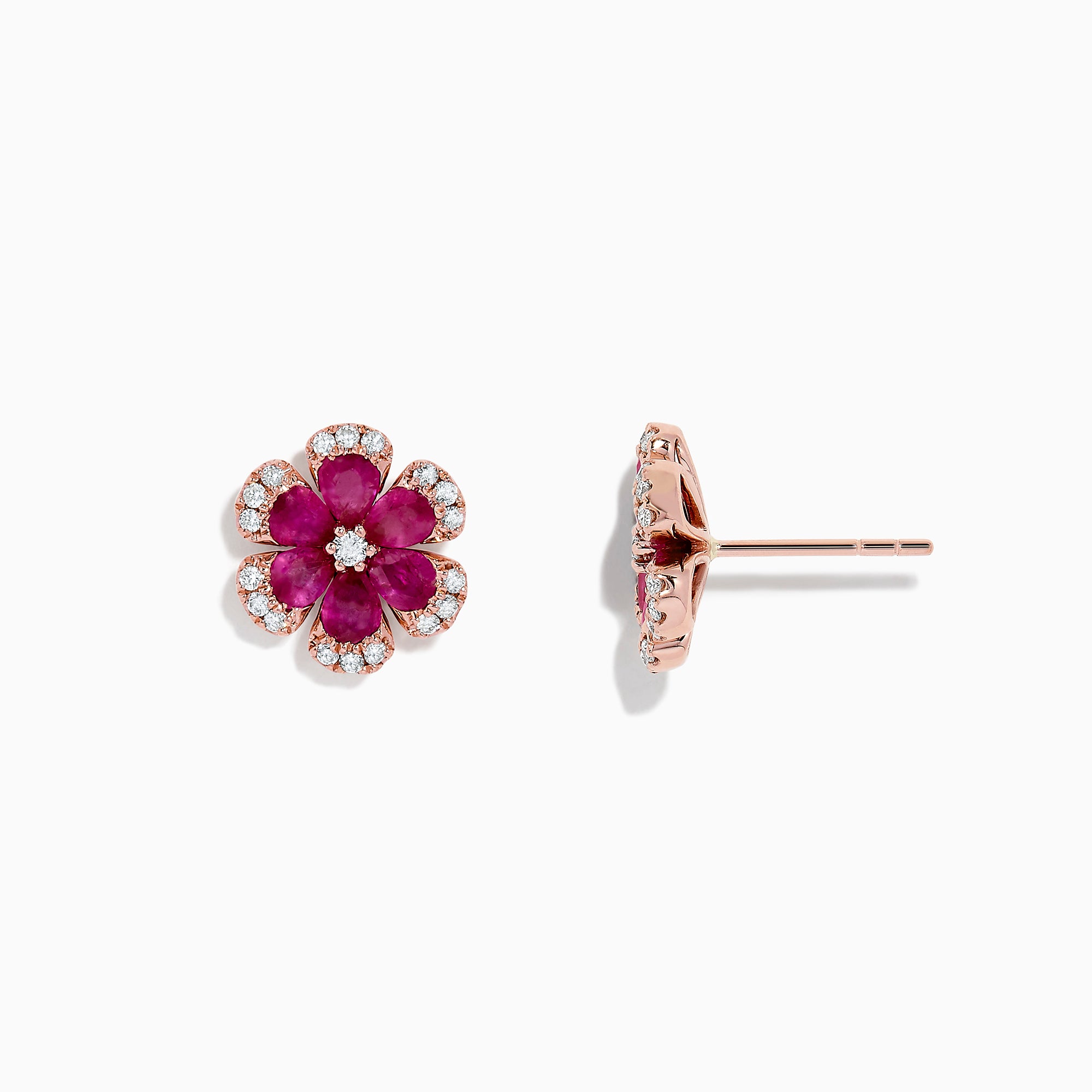 The Nature 14K Rose Gold Ruby Flower Stud Earrings (2.28 TCW) feature deep pink ruby petals, a rose gold outline, and sparkling diamond accents along the edges, shown against a white background.