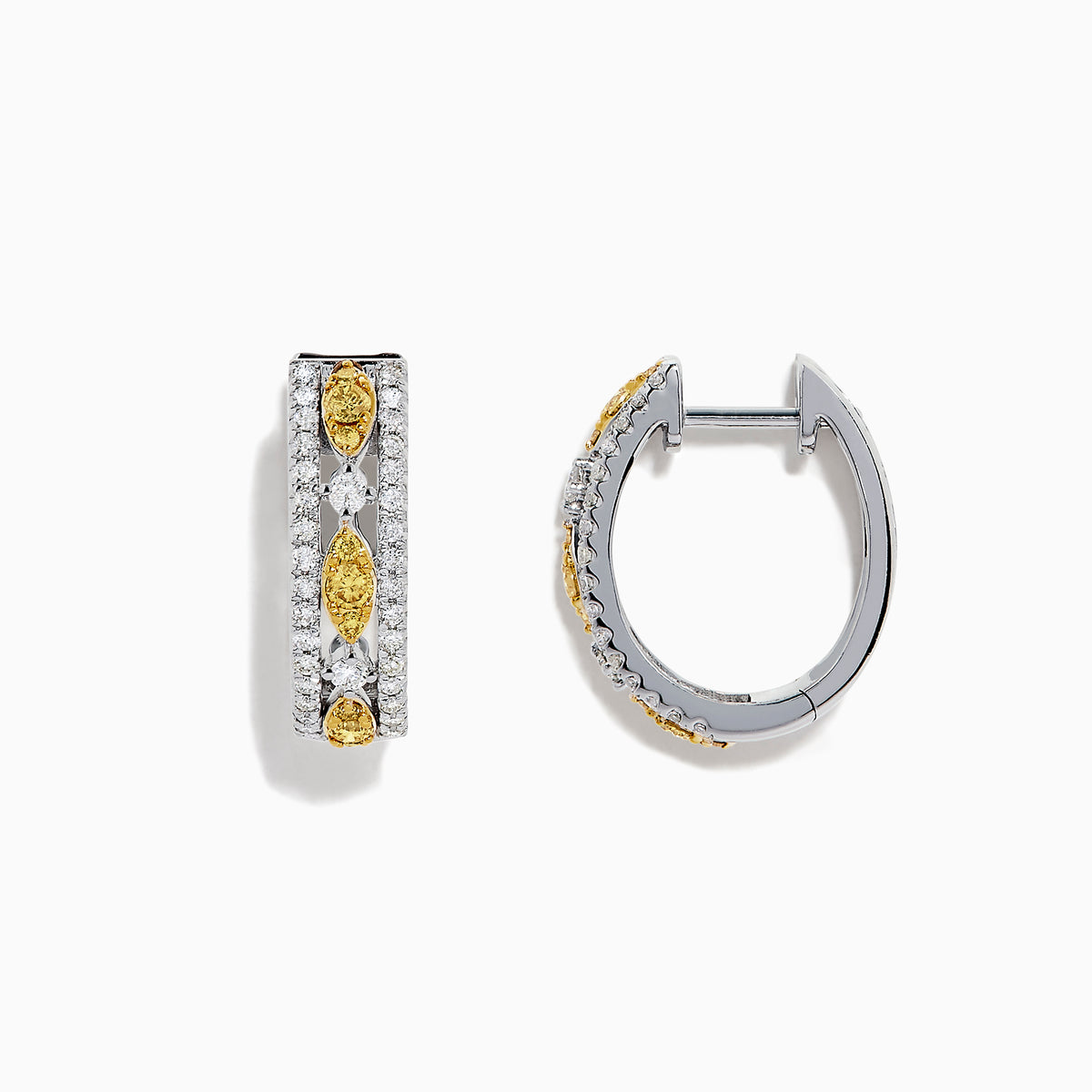 A pair of Canare 14K White Gold 5/8 Yellow Diamond Hoop Earrings, 0.67 TCW, featuring sparkling yellow diamonds set in white gold in an elegant vertical hoop design.